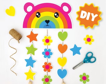 DIY Rainbow Mobile Craft Printable Bear mobile printable kids coloring rainbow activity summer craft kids color page rainbow nursery mobile