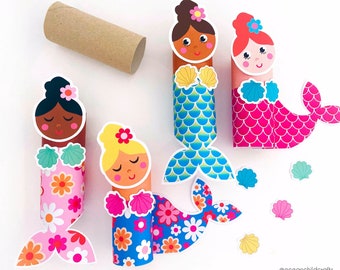 May include: Printable mermaid craft kit with four different mermaid designs. Each mermaid is made with a toilet paper roll and has a different colored tail and hair. The kit includes a template for the mermaid tails and a template for the mermaid heads. The kit also includes a template for the mermaid shells and a template for the mermaid flowers.