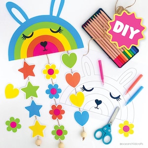 Manualidad móvil de arcoíris para imprimir Manualidad de conejito de arcoíris para imprimir Actividad de verano Actividad de arte para niños en edad preescolar para imprimir en casa