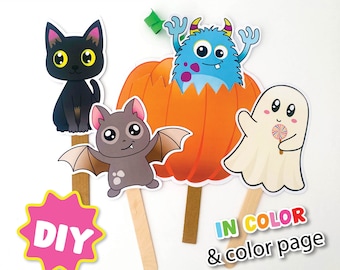 Manualidad imprimible de Halloween: Calabaza con marionetas de Halloween, monstruo, murciélago, fantasma y gato, plantilla para fiesta de Halloween, proyecto para aula infantil.