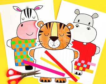 Animales de papel para imprimir, actividad manual para niños, plantilla de tejido, página para colorear de animales, paquete de animales de papel para preescolar, actividad artística para jardín de infantes