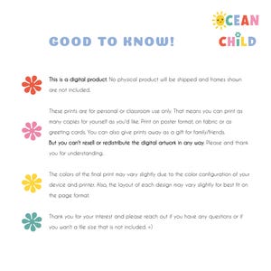 May include: A white digital print with the text "GOOD TO KNOW!" and "OCEAN CHILD" in blue and red. The print provides information about the digital product, including usage rights and printing options.