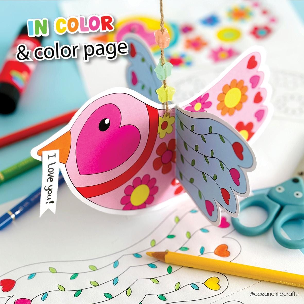 DIY Mobile Printable Spring Bird Craft Kids Preschool Color Page Valentine Art Activity LoveBird Craft Spring Template DIY Gift Mother’s Day