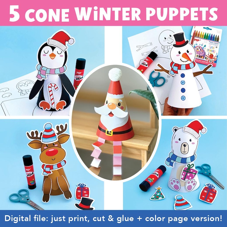 FIVE 3D Paper Cone Winter Puppet Bundle: Santa, Reindeer, Penguin ...