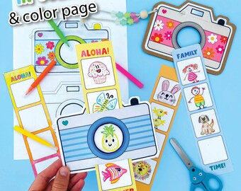 Pode incluir: Um conjunto de cartões de atividade imprimíveis com tema de câmera com ilustrações coloridas e as palavras "Aloha!", "Família", "Tempo!" e "Verão".