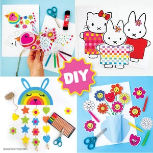 Pode incluir: Projetos de artesanato DIY para crian&ccedil;as com um m&oacute;bile de coelho arco-&iacute;ris, um buqu&ecirc; de flores, um p&aacute;ssaro com um cora&ccedil;&atilde;o e dois personagens de coelho. Os projetos incluem papel colorido, tesoura, cola e l&aacute;pis de cor.