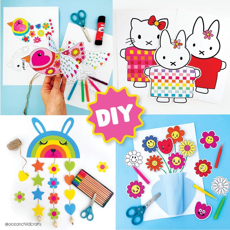 Pode incluir: Projetos de artesanato DIY para crian&ccedil;as com um m&oacute;bile de coelho arco-&iacute;ris, um buqu&ecirc; de flores, um p&aacute;ssaro com um cora&ccedil;&atilde;o e dois personagens de coelho. Os projetos incluem papel colorido, tesoura, cola e l&aacute;pis de cor.