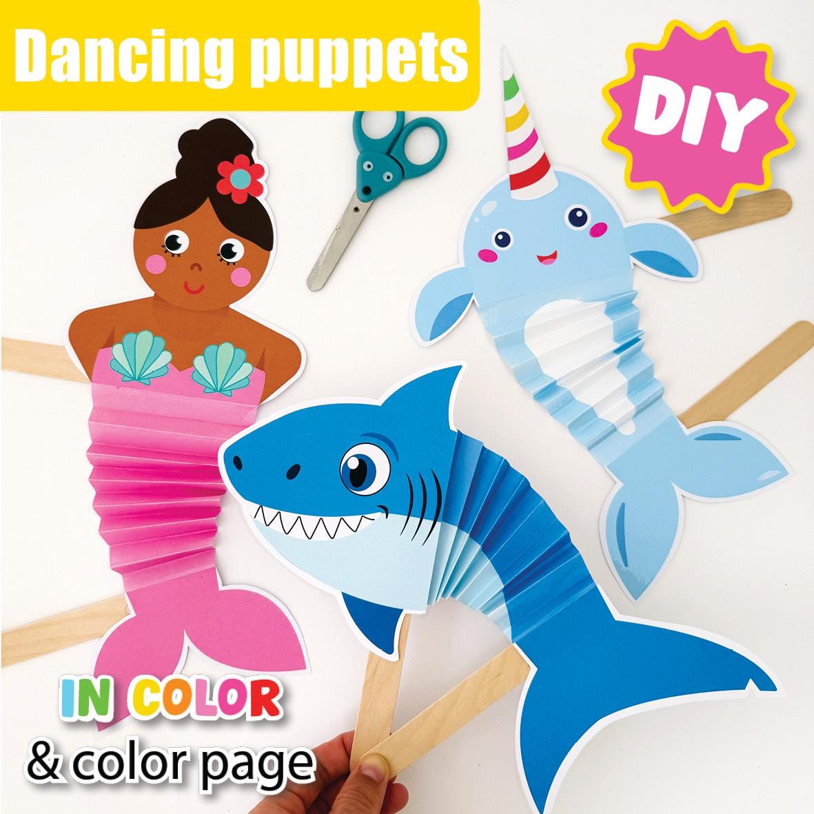 Moving Ocean Animal Puppets from a Shark, Narwhal and Mermaid Fun Craft Printable Summer Activity Ocean Themed Worksheet Coloring Page Kids
