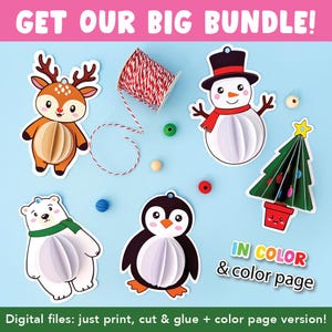 May include: A selection of papercraft Christmas and winter decorations, featuring a reindeer, snowman, polar bear, penguin, and Christmas tree. The image also shows a spool of red and white twine and the text "GET OUR BIG BUNDLE!" and "IN COLOR & color page".