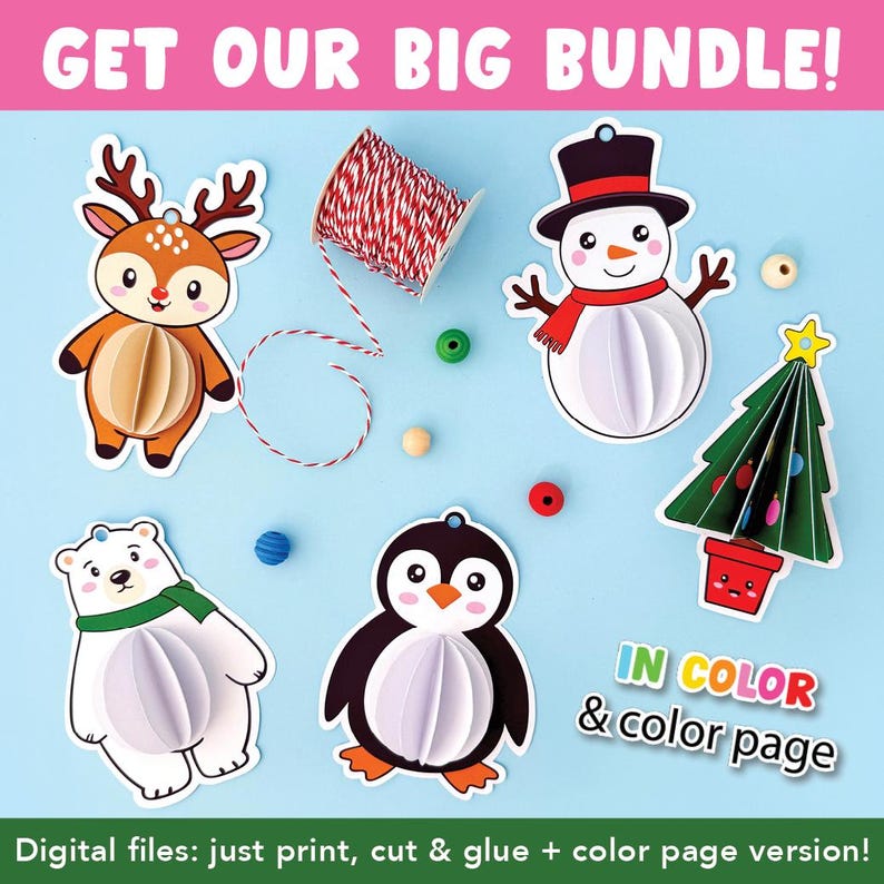 May include: A selection of papercraft Christmas and winter decorations, featuring a reindeer, snowman, polar bear, penguin, and Christmas tree. The image also shows a spool of red and white twine and the text "GET OUR BIG BUNDLE!" and "IN COLOR & color page".