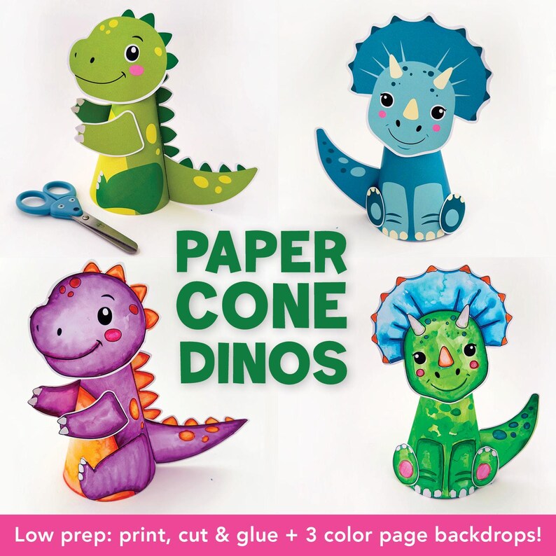 May include: Four colorful paper cone dinosaur figures in green, blue, and purple. The image includes the text "PAPER CONE DINOS" and "Low prep: print, cut & glue + 3 color page backdrops!" A pair of blue scissors is also visible.