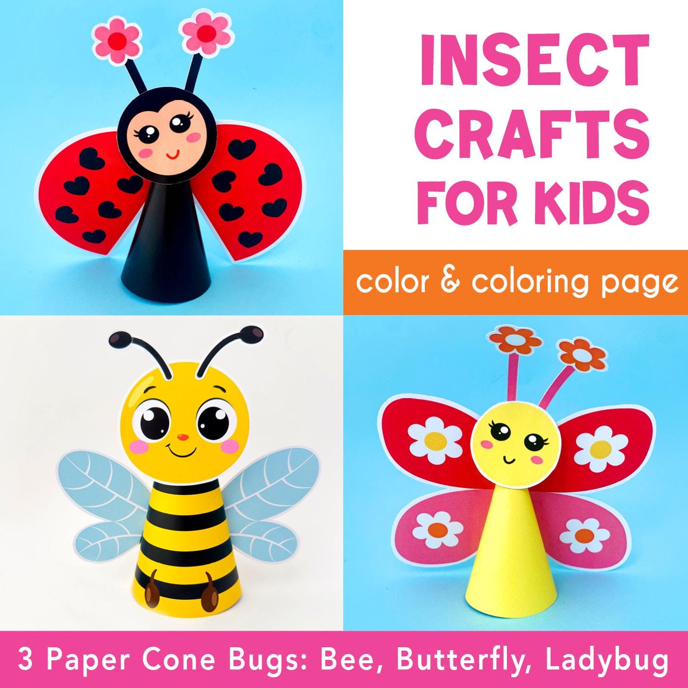 Paper Cone Insect Crafts for Kids | Bee, Butterfly & Ladybug Activities ...