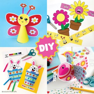 Pode incluir: Um conjunto de quatro projetos de artesanato DIY para crian&ccedil;as com uma borboleta, uma flor, um coelho e um p&aacute;ssaro. Os projetos s&atilde;o todos coloridos e f&aacute;ceis de fazer, e s&atilde;o perfeitos para uma atividade de artesanato de primavera ou P&aacute;scoa.