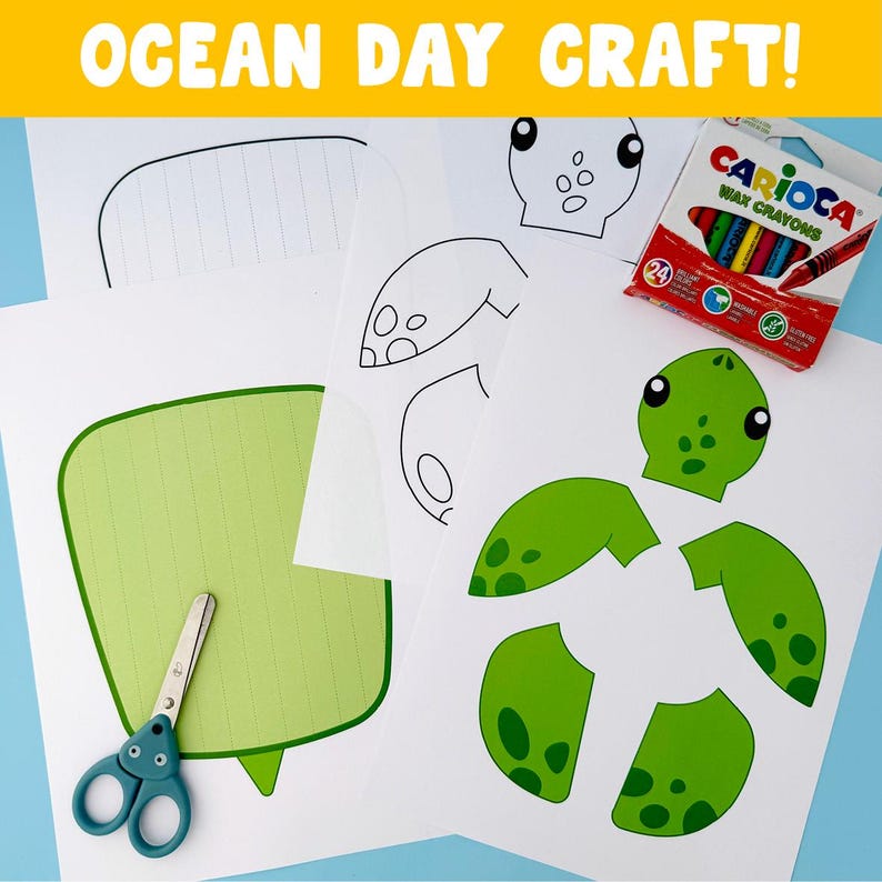 May include: A craft project for Ocean Day featuring a green turtle cut-out, drawing templates, scissors, and a box of Carioca wax crayons. The text "OCEAN DAY CRAFT!" is displayed at the top of the image. The background is light blue.