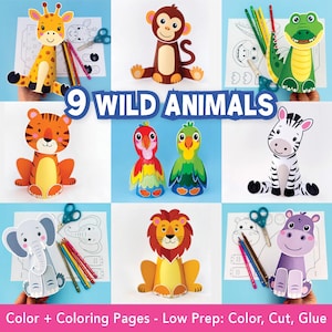 Paper Cone Wild Animal Craft Bundle, Zoo & Jungle Animals Printable, Animal Party Printable Puppets, Low Prep Coloring Kids Activity