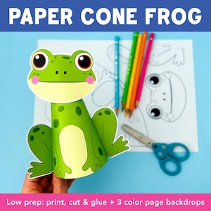 May include: A green paper cone frog craft with large eyes and pink cheeks. The image includes colored pencils, scissors, and a coloring page. Text at the top reads "PAPER CONE FROG" and at the bottom "Low prep: print, cut & glue + 3 color page backdrops."