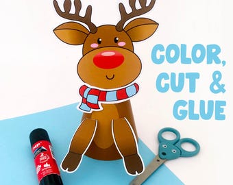 Rudolph Rentier Kegel Puppe Handwerk Printable | Lustige Weihnachtskunstaktivität für Kinder | Urlaub Papier Handwerk DIY