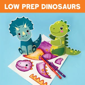 May include: Two cartoon dinosaur crafts, a blue triceratops and a green dinosaur, are displayed on a white sheet with cut-out pieces and colored pencils. The text "LOW PREP DINOSAURS" is at the top in orange.