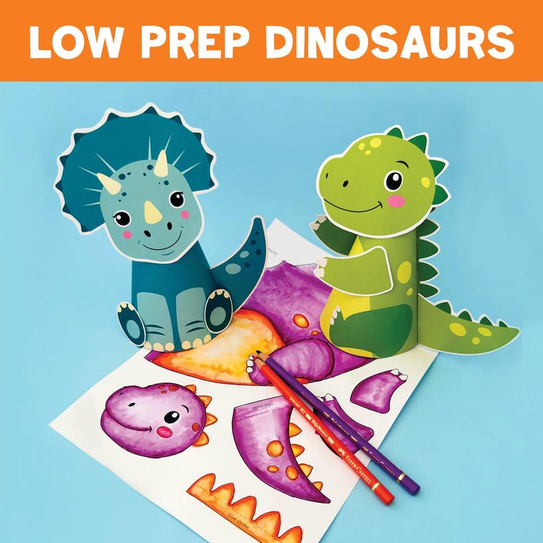 May include: Two cartoon dinosaur crafts, a blue triceratops and a green dinosaur, are displayed on a white sheet with cut-out pieces and colored pencils. The text "LOW PREP DINOSAURS" is at the top in orange.