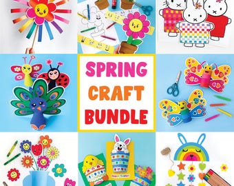 May include: A collection of printable spring craft templates featuring a variety of themes, including a flower pinwheel, a peacock, a butterfly, a bunny in a pot, a flower bouquet, and a rainbow mobile. The text "Spring Craft Bundle" is displayed in the center of the image.