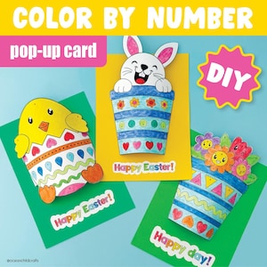 Farbe nach Zahlen Ostern Pop-up-Karte Printable Frühling Handwerk Farbe nach Code Aktivität Vorschule Zahlenerkennung Arbeitsblatt Osterei färben