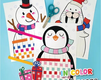 Printable Winter Bundle Art Activity Kids: Snowman Penguin Polarbear Seal Bunny Paper Weaving Low Prep Craft Christmas Sweater Template DIY