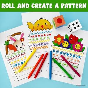 May include: A printable Easter-themed game for kids. The game includes three different patterns to color in: a basket with a bunny, an egg with a chick, and a flower pot with flowers. The game also includes a dice and markers.