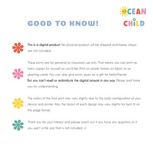 May include: A digital printable with the text "GOOD TO KNOW!" and a sun with the text "OCEAN CHILD". The text explains that the product is a digital download and not a physical product. It also explains that the prints are for personal or classroom use only and cannot be resold or redistributed.