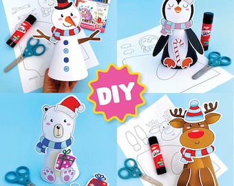 4 Paper Cone Animals Craft Printable Kids, Winter Activity Cut and Glue Paper Craft Christmas Homeschool Template Elementary Classroom Craft