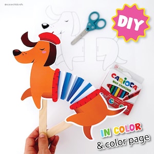 Manualidad de perro bailarín para niños Actividades para mascotas Plantilla de perro salchicha imprimible para cortar y colorear Manualidad para preescolar para mascotas Marioneta de perro imprimible Cachorro para colorear