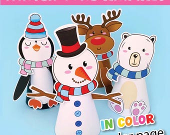May include: Printable winter cone animal craft templates.  The templates include a penguin, snowman, reindeer, and polar bear.  The animals are wearing scarves and hats.  The text "IN COLOR & color page" is at the bottom of the image.