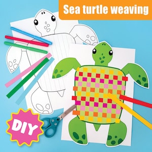 May include: A DIY sea turtle weaving craft kit. The image shows a green sea turtle with a woven shell, along with a partially completed turtle outline, colored markers, scissors, and colorful paper strips. The text "Sea turtle weaving" is at the top.