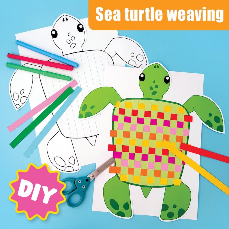 May include: A DIY sea turtle weaving craft kit. The image shows a green sea turtle with a woven shell, along with a partially completed turtle outline, colored markers, scissors, and colorful paper strips. The text "Sea turtle weaving" is at the top.