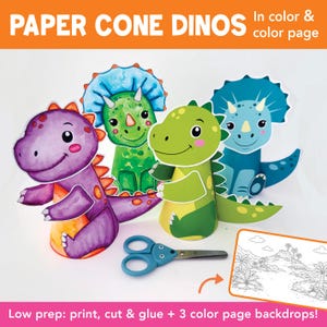 May include: Colorful paper cone dinosaur craft kit. The image shows four dinosaur figures in purple, green, and blue, along with scissors and a coloring page. Text on the image reads "PAPER CONE DINOS" and "Low prep: print, cut & glue + 3 color page backdrops!"