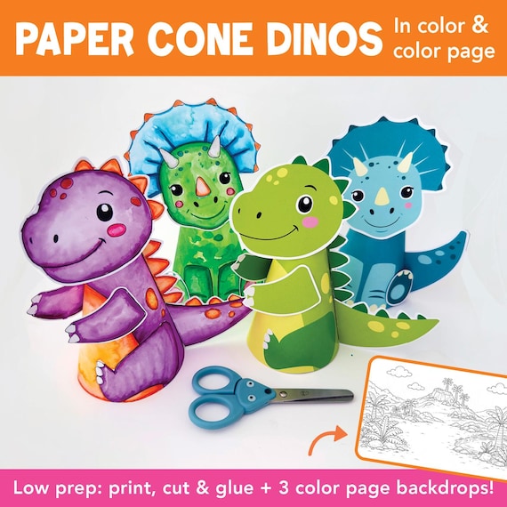 Prehistoric Paper Cone Dinosaur Crafts | Low Prep Printable Dinosaurs | Fine Motor Craft for Preschool & Kindergarten