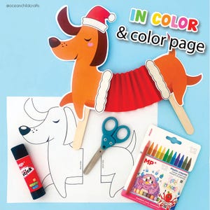 May include: A printable craft template of a dachshund wearing a Santa hat. The template is in color and includes a black and white version for coloring. The image also shows craft supplies such as scissors, glue, and crayons.