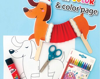 FUN Christmas Printable Print Color Cut Glue, Santa's Helper Printable Dancing Dog Craft Kids Easy Prep Classroom Activity Holidays Coloring