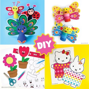 Pode incluir: Ideias de artesanato DIY para crian&ccedil;as com um pav&atilde;o, uma borboleta, uma flor e personagens de desenhos animados. O artesanato inclui papel, papel&atilde;o e p&aacute;ginas para colorir.