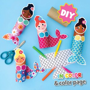 May include: Four mermaid craft templates with colourful patterns and a black and white colouring page. The templates are designed to be cut out and glued onto toilet paper rolls to create mermaid crafts. The text "DIY" and "IN COLOR & colour page" is visible in the image.