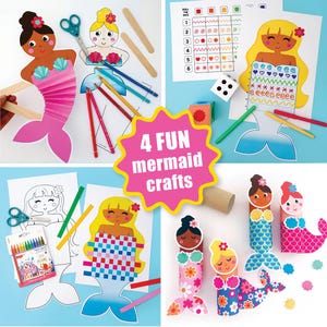 May include: A collage of four mermaid craft projects. The projects include paper mermaids, coloring pages, and a dice game. The phrase "4 FUN mermaid crafts" is in a pink starburst. Colored pencils, scissors, and craft sticks are also visible.