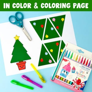 May include: A craft scene with a white paper featuring a green Christmas tree and triangle ornaments. A pair of blue scissors, three colourful markers, and a box of pastel markers are also present. The text "IN COLOR & COLORING PAGE" is at the top.