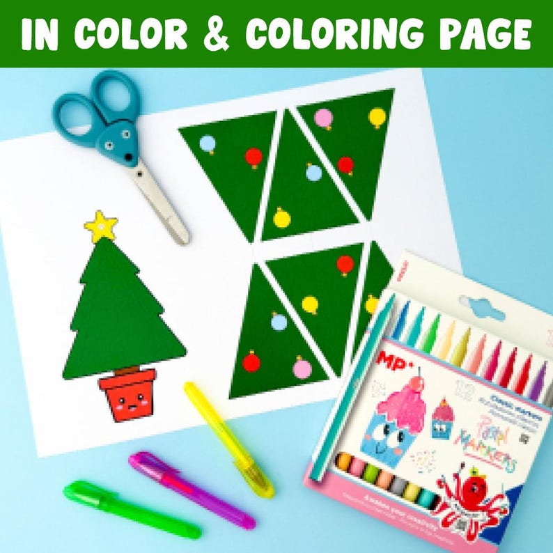 May include: A craft scene with a white paper featuring a green Christmas tree and triangle ornaments. A pair of blue scissors, three colourful markers, and a box of pastel markers are also present. The text "IN COLOR & COLORING PAGE" is at the top.