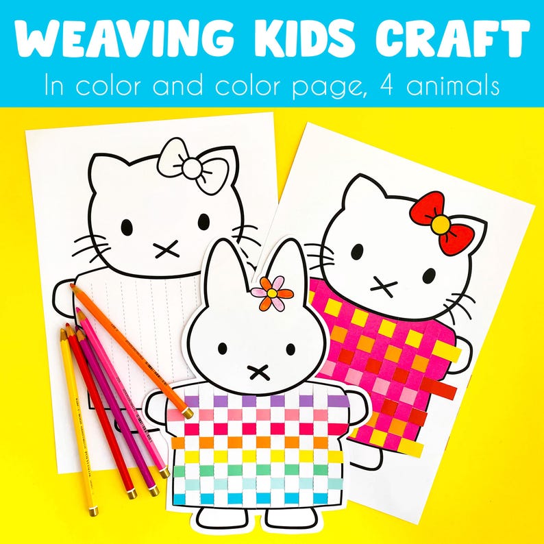 Pode incluir: Artesanato de tecelagem para crian&ccedil;as, em cores e p&aacute;gina para colorir, 4 animais. Dois contornos em preto e branco de um gato com um la&ccedil;o e um coelho com uma flor. Um gato tem um padr&atilde;o tecido rosa e amarelo em seu corpo. O outro coelho tem um padr&atilde;o tecido arco-&iacute;ris em seu corpo.