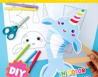 Narwhal Puppet Craft Printable | Ocean Animal Art & Fine Motor Activity for Kids | Summer Classroom Craft | Narwhal Party Kids