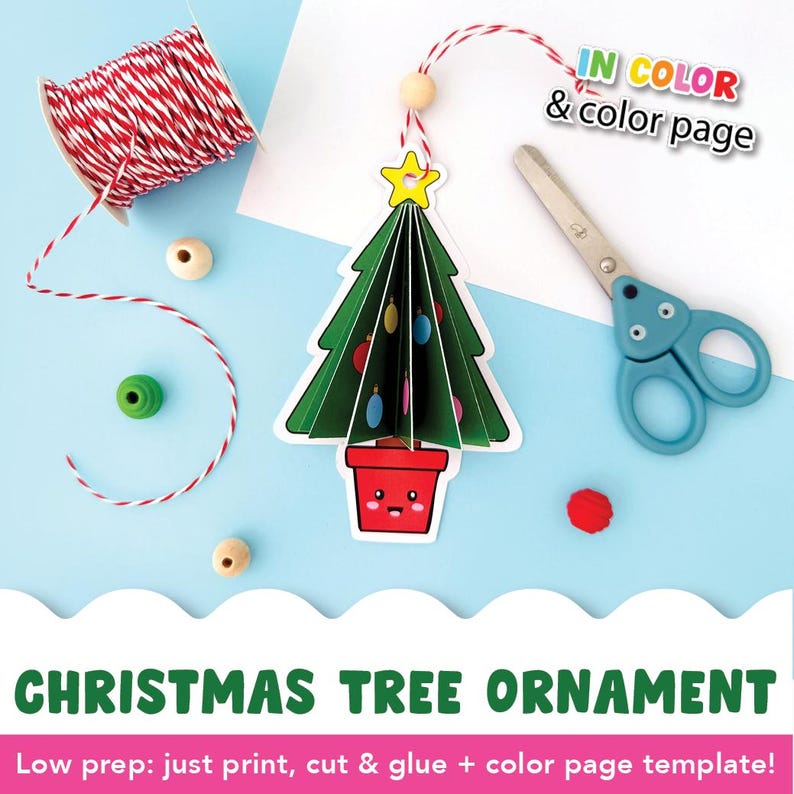 May include: A green Christmas tree ornament with a yellow star, red pot, and colourful ornaments. The image includes scissors, twine, and wooden beads. Text reads "Christmas Tree Ornament" and "In Color & color page".