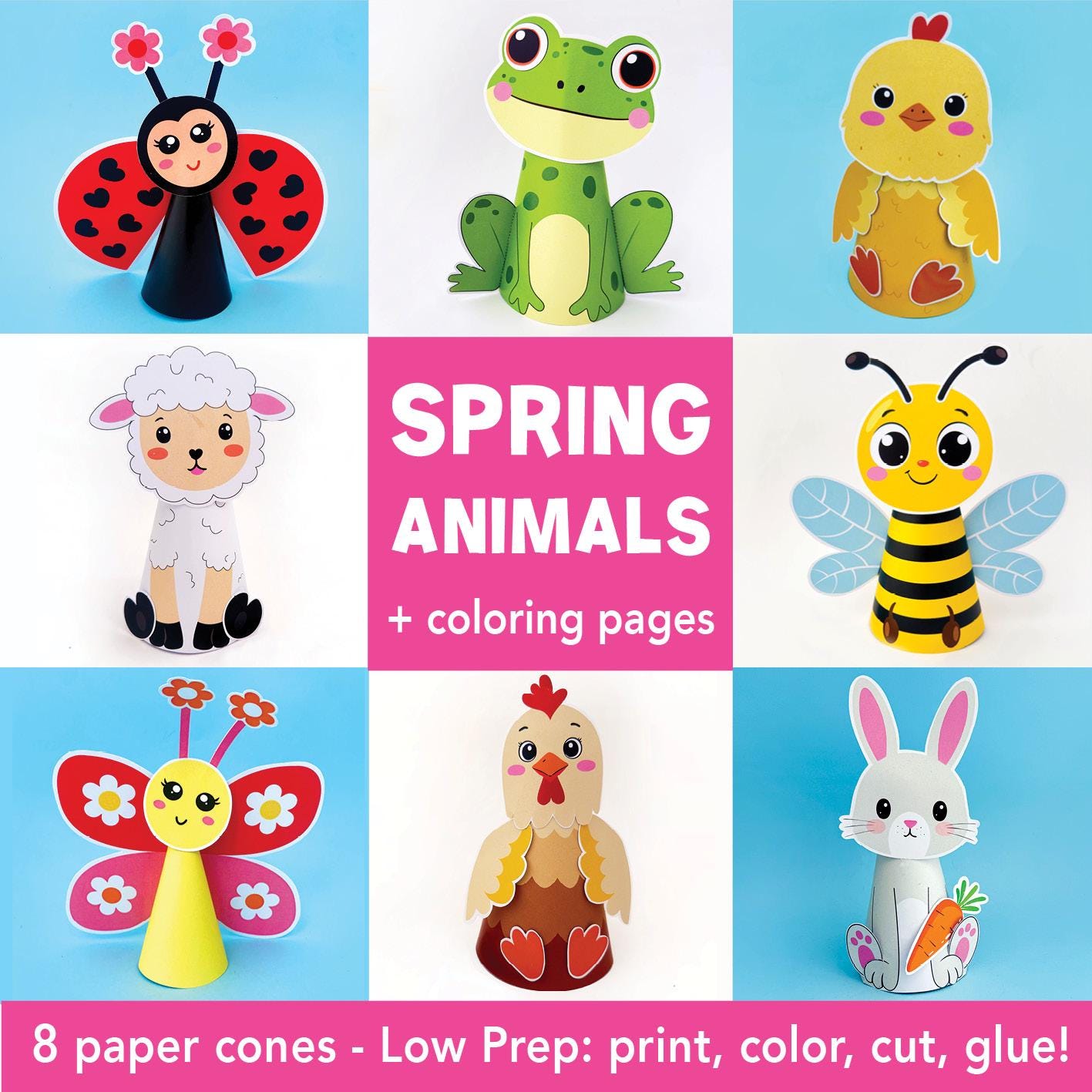 Original Spring Puppet 8 Spring Animals Paper Cone Puppets + Coloring Pages Low Prep Easter ...