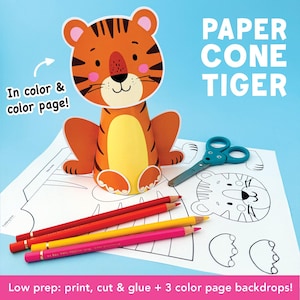 May include: A paper cone tiger craft kit with a finished orange and yellow tiger. The image includes a printed template, colored pencils, and scissors. Text on the image reads "Paper Cone Tiger" and "In color & color page!"