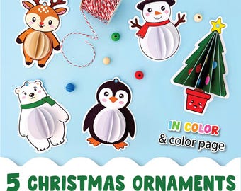 May include: A collection of five Christmas ornaments, including a reindeer, snowman, polar bear, penguin, and Christmas tree, with the text "IN COLOR & color page" and "5 CHRISTMAS ORNAMENTS". Also includes a spool of red and white twine and colorful beads.