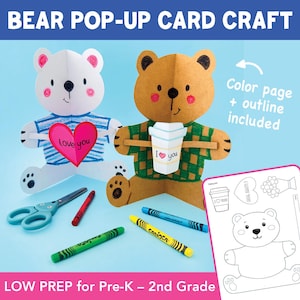 May include: A craft kit for making bear pop-up cards. The image shows two paper bears, one holding a heart that says "Love you" and the other holding a coffee cup that says "I love you". Includes crayons, scissors, and a color page.