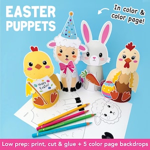 Könnte beinhalten: Osterpuppen aus Papier, die ein Küken, ein Lamm und einen Hasen mit einer Karotte und einem Ei darstellen. Das Küken hält ein Schild mit der Aufschrift "Happy Easter!". Der Text "EASTER PUPPETS" steht oben. Das Bild enthält auch Buntstifte und Malvorlagen.